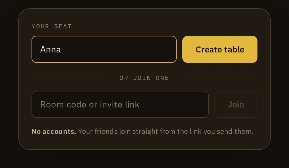 The start page's table finder: a nickname box and a Create table button
