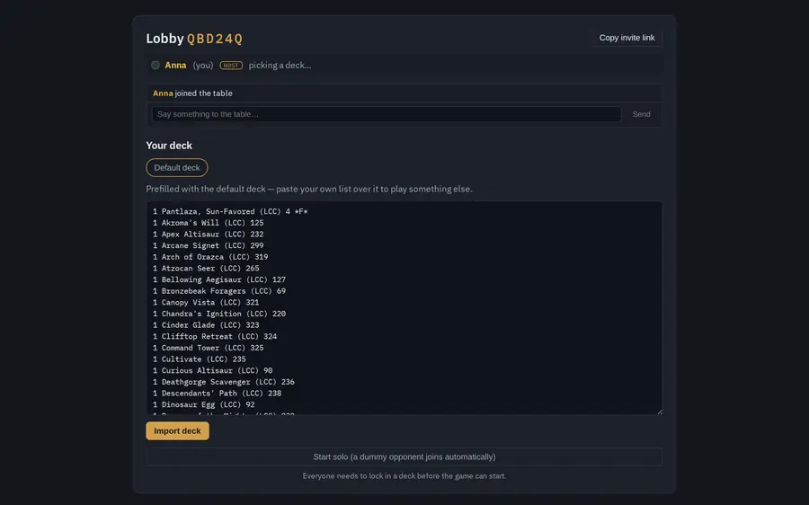 The lobby after creating a table, with the invite link, and a second player joining through it
