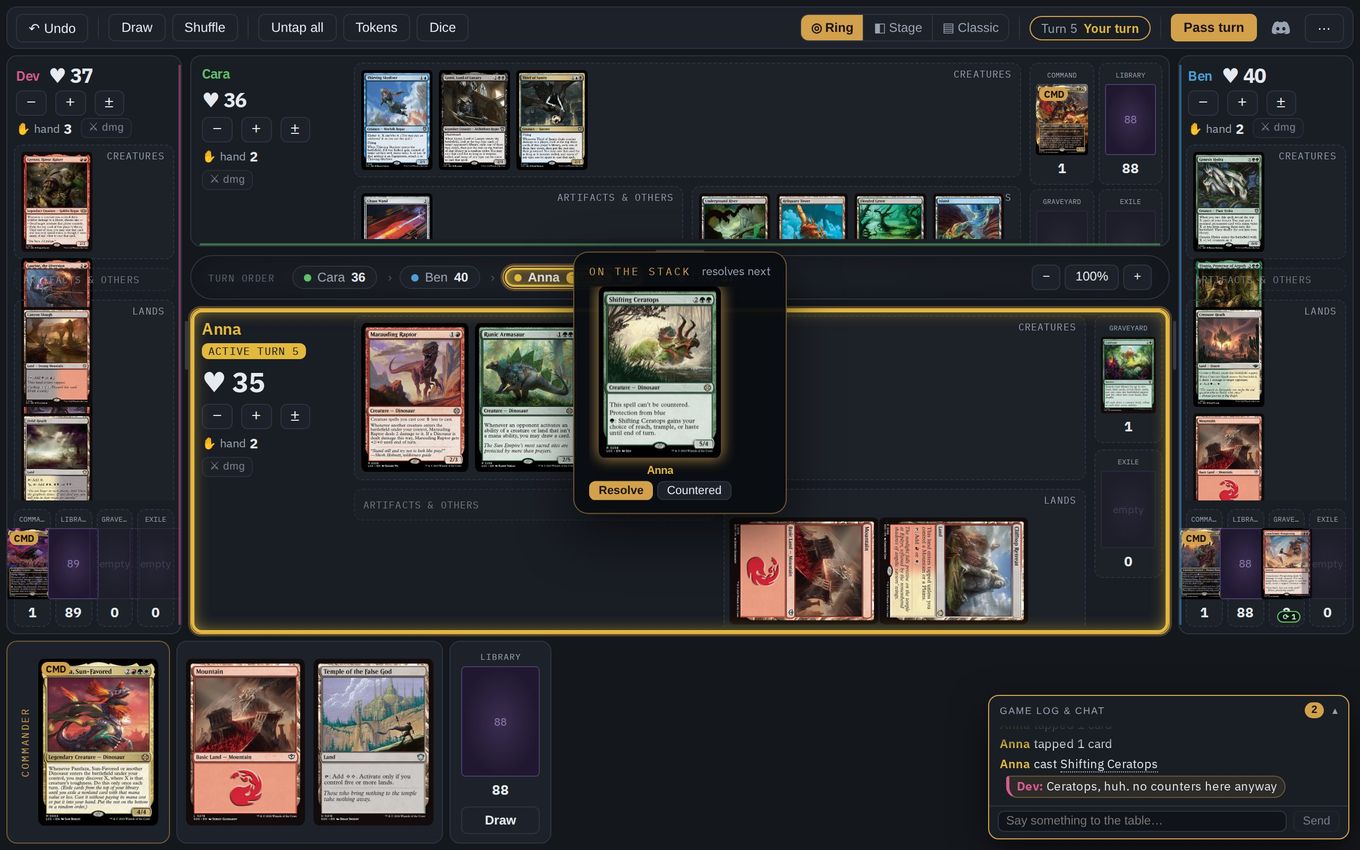 EDHMat mid-game: four seats with lands and creatures, a spell on the stack in the middle of the table and the game log in the corner