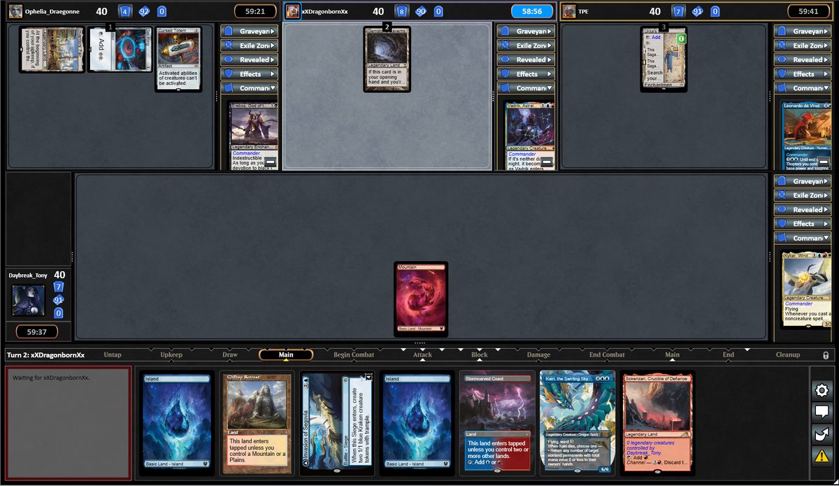 Magic Online: a four-player Commander game with each seat at 40 life, the turn's phases along the bottom and a hand of cards