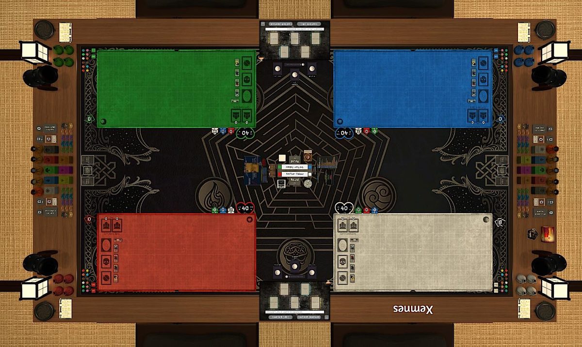 Tabletop Simulator: an overhead view of a four-seat Commander table with a coloured playmat, life counter and zones per seat